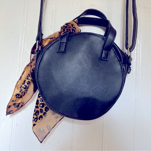 PRICE DROP! Trendy Circle Crossbody Bag, Black Vegan Leather, Adjustable, Scarf - Picture 2 of 8